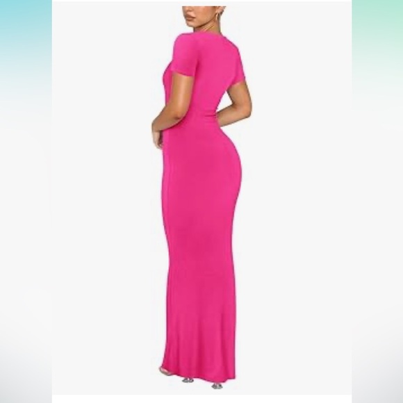 NWT REORIA rose red Long Dress Elegant Short Sleeve Crew Neck Bodycon Maxi Dress - Picture 4 of 7